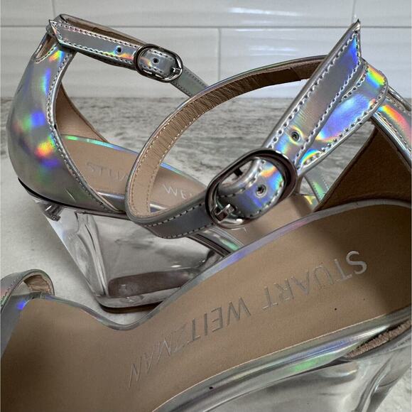 Stuart Weitzman Iridescent Silver Wedge Sandals Size 8 - Picture 6 of 12